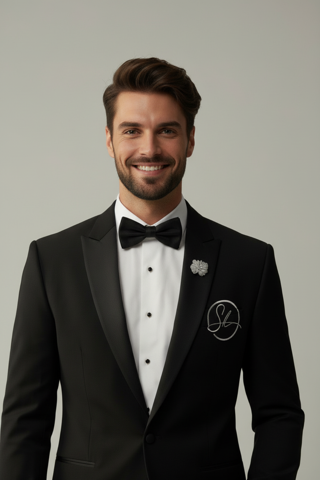 Black Italian Wool Crepe 2-Piece Tuxedo with Name Initial Embroidery