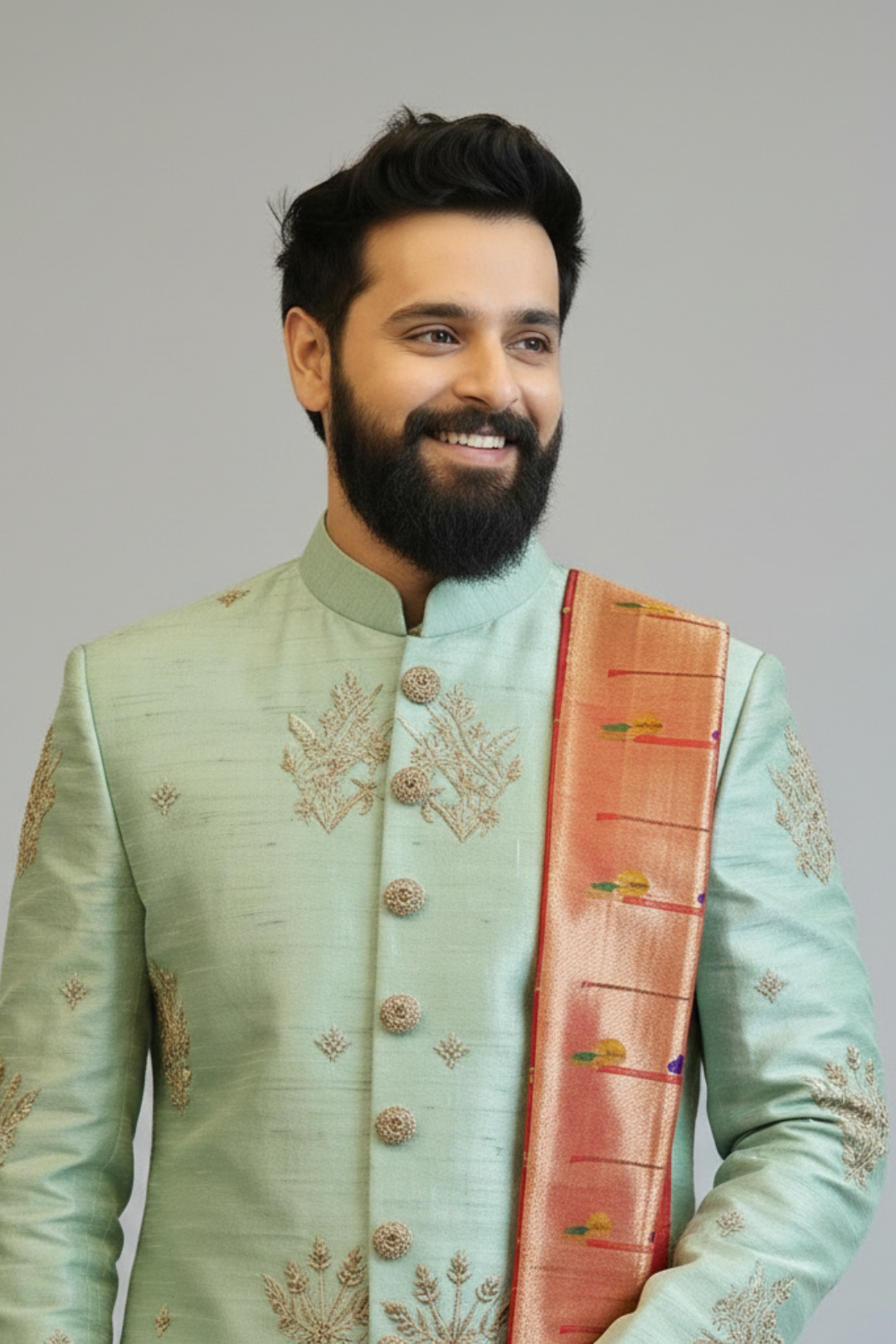 Man wearing a light green embroidered sherwani with a pink and gold sash on a gray background