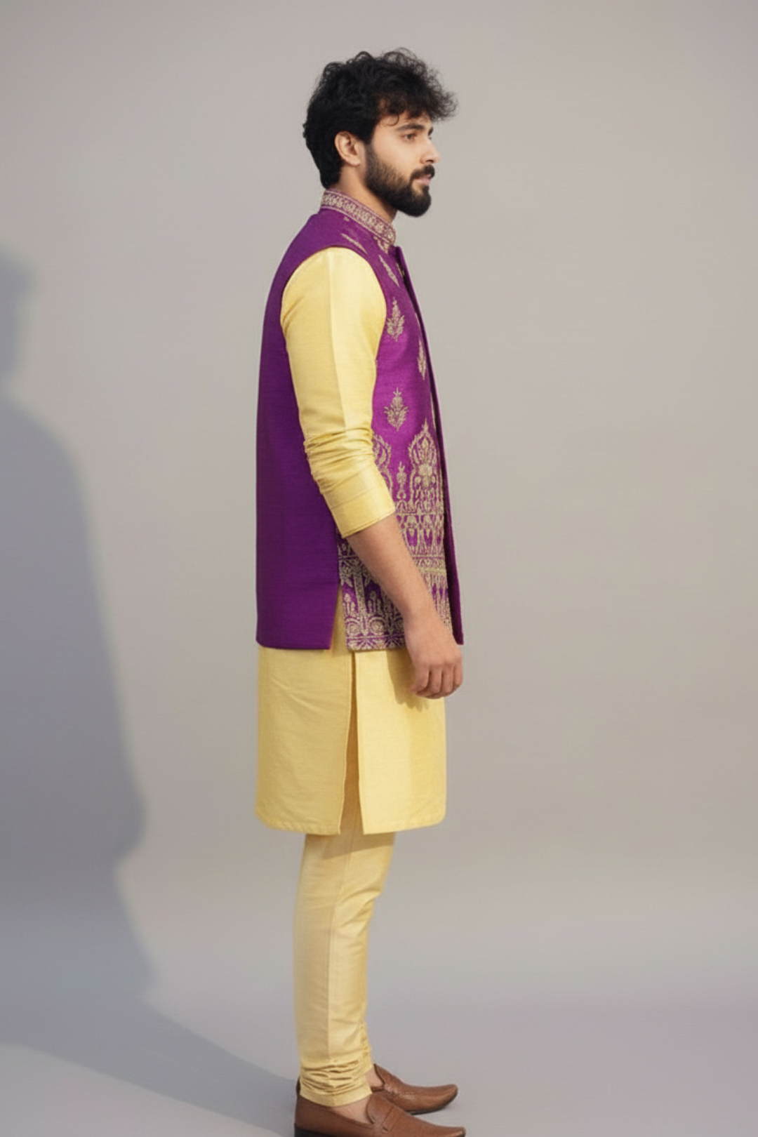 Purple Embroidered Nehru Jacket with Yellow Kurta Set for Men – Festive & Wedding Wear
