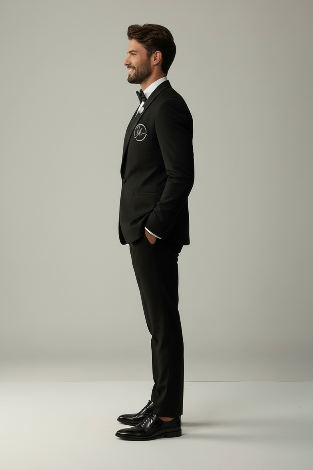 Black Italian Wool Crepe 2-Piece Tuxedo with Name Initial Embroidery