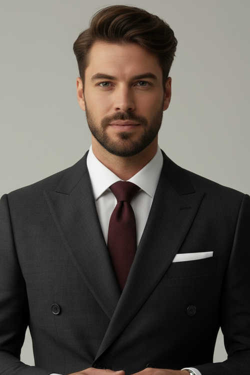 Man wearing a dark suit with a red tie against a neutral background