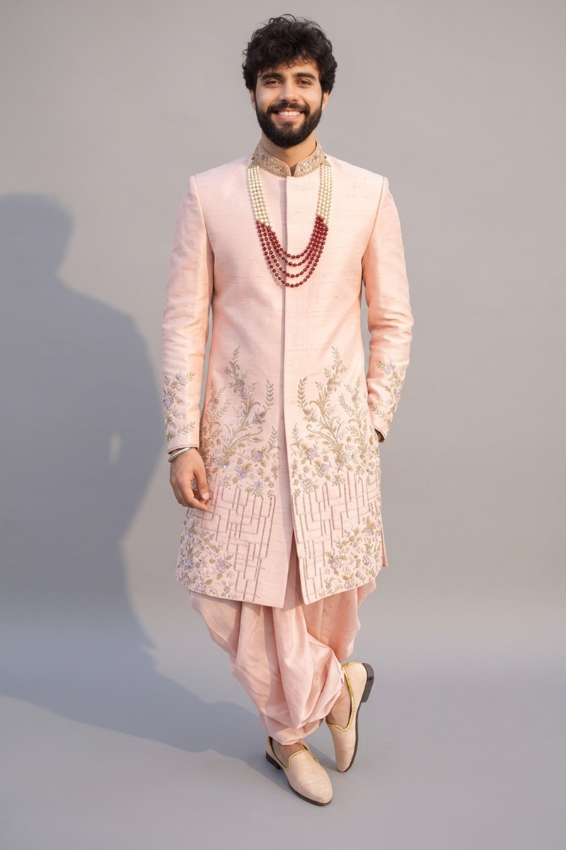 Blush Pink Designer Indo-Western Sherwani with Embroidered Collar
