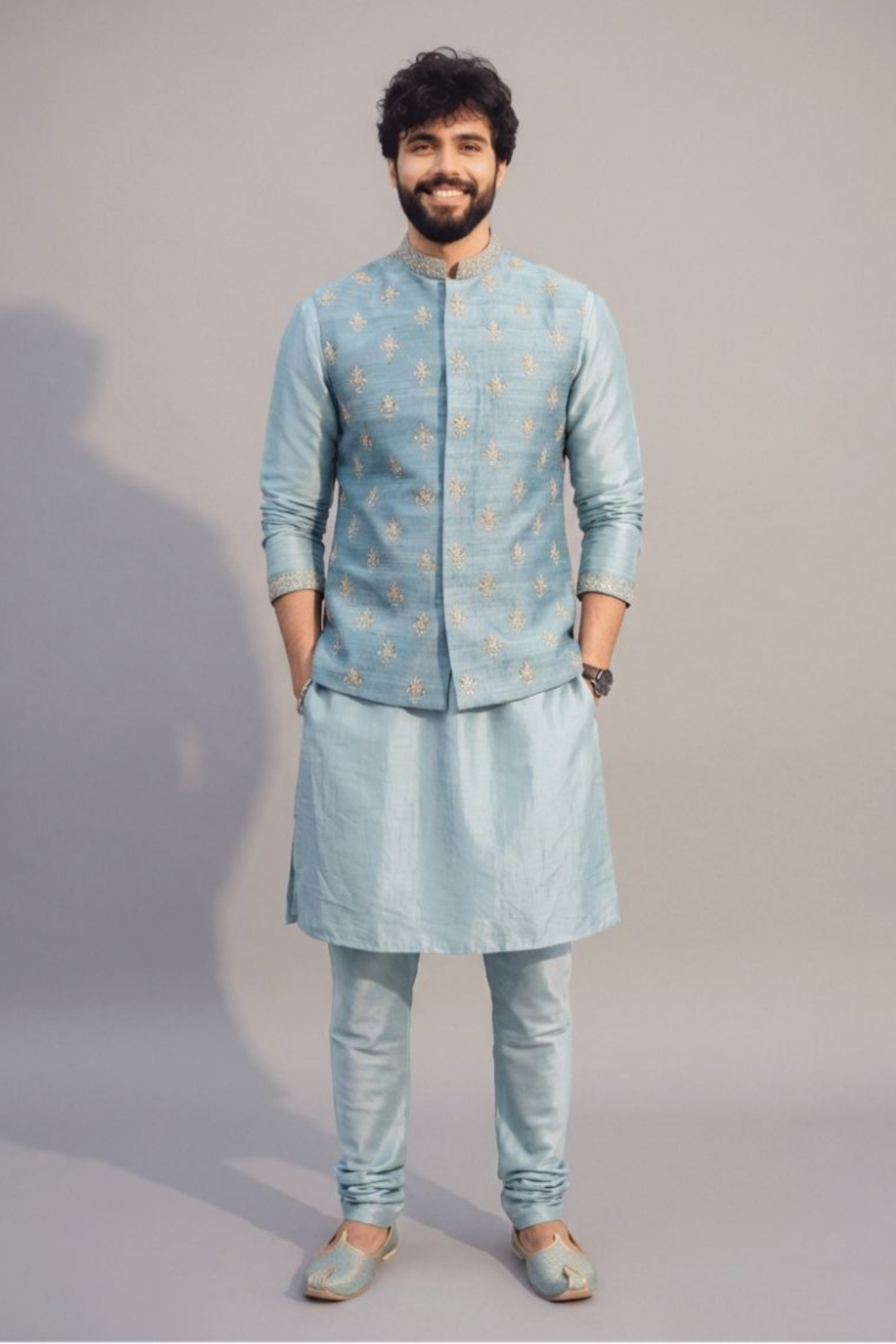 Sky Blue Embroidered Nehru Jacket Kurta Set for Men – Wedding & Festive Wear