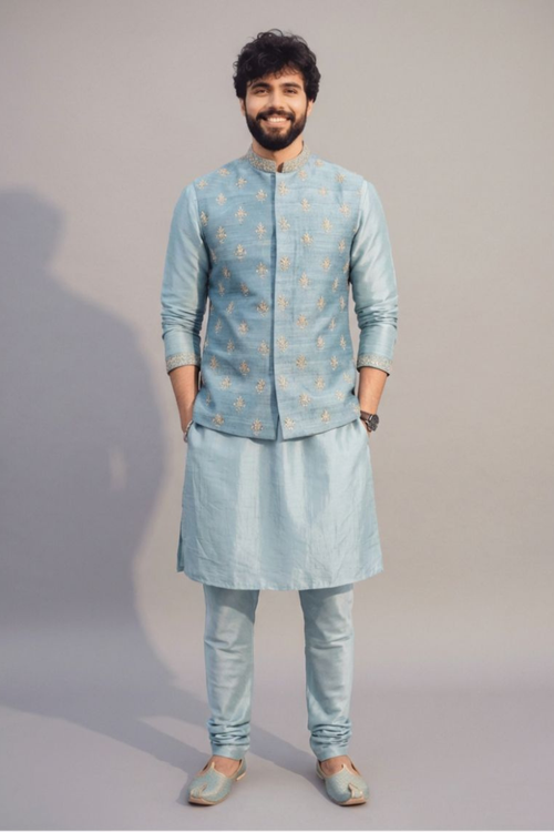 Sky Blue Embroidered Nehru Jacket Kurta Set for Men – Wedding & Festive Wear