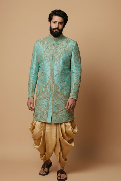 Men’s Sea Green Heavy Embroidered Sherwani Set – Royal Designer Wedding Wear