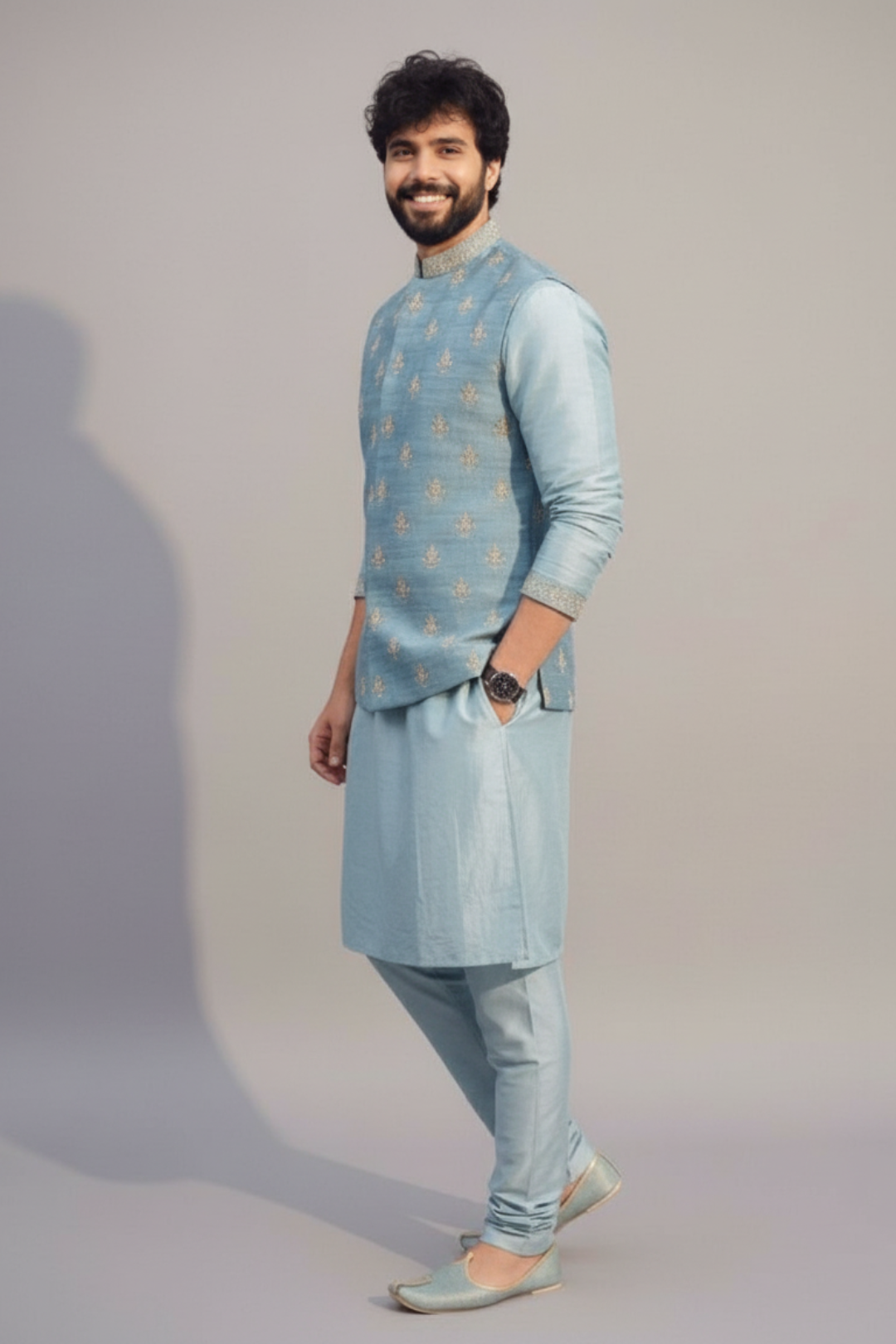 Sky Blue Embroidered Nehru Jacket Kurta Set for Men – Wedding & Festive Wear