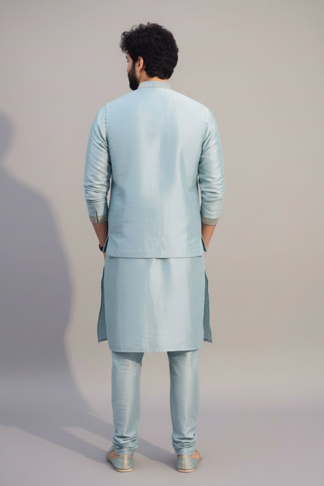 Sky Blue Embroidered Nehru Jacket Kurta Set for Men – Wedding & Festive Wear