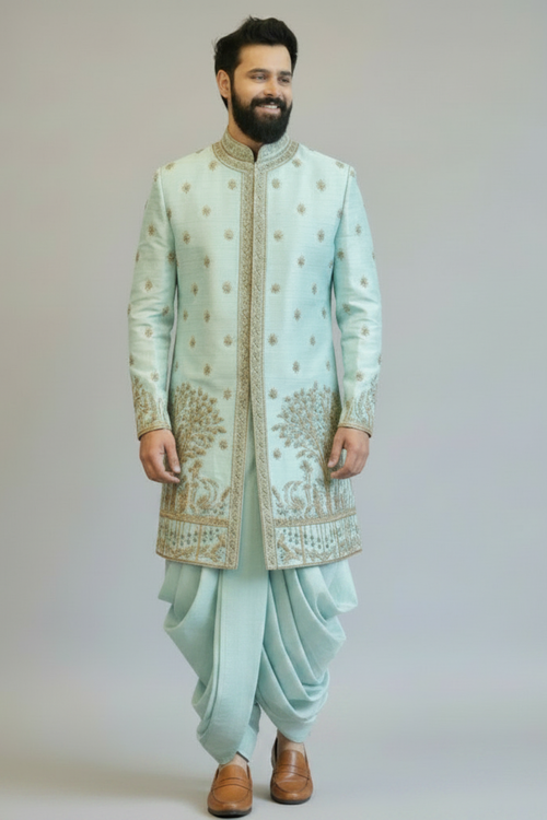 Mint Green Embroidered Sherwani for Men – Designer Wedding & Festive Ethnic Wear
