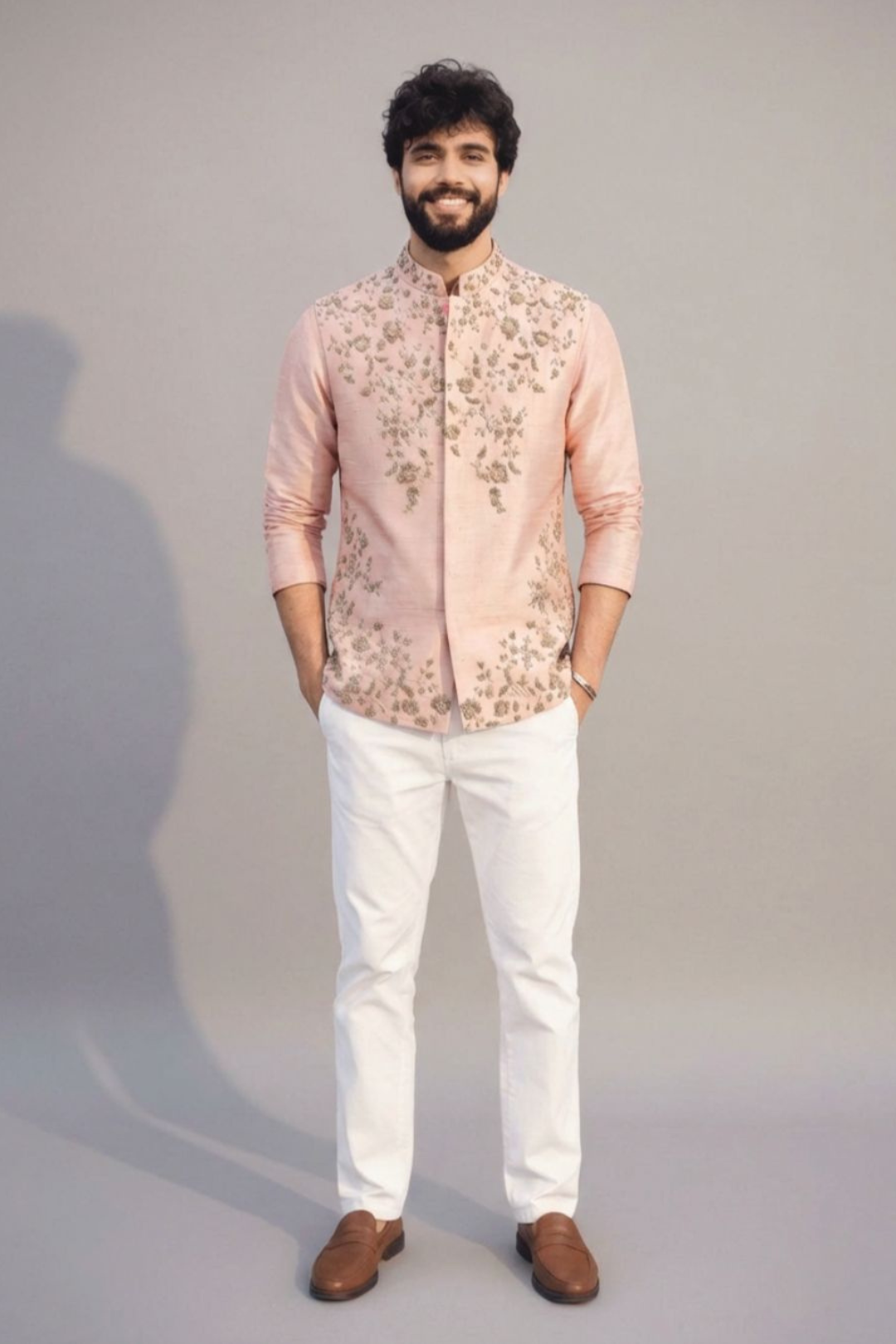 Peach Embroidered Nehru Jacket Kurta Set for Men – Wedding & Festive Wear