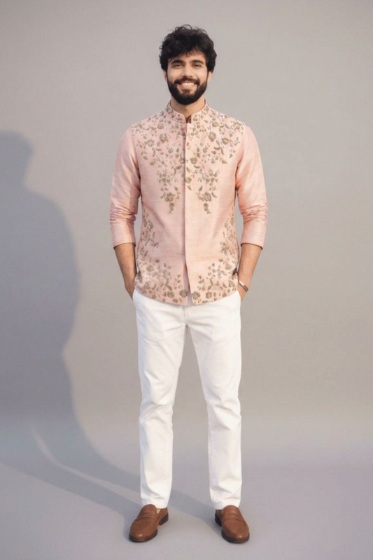 Peach Embroidered Nehru Jacket Kurta Set for Men – Wedding & Festive Wear