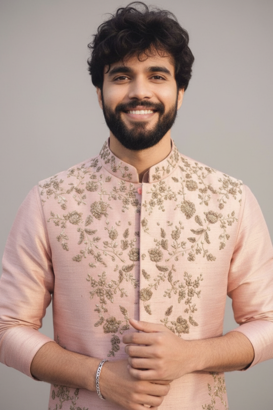 Peach Embroidered Nehru Jacket Kurta Set for Men – Wedding & Festive Wear