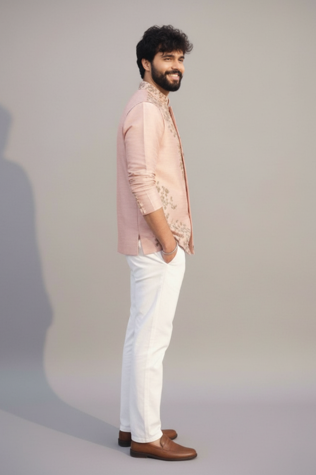 Peach Embroidered Nehru Jacket Kurta Set for Men – Wedding & Festive Wear