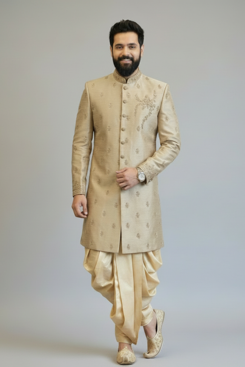 Men’s Beige Embroidered Sherwani Set – Premium Wedding & Festive Indo-Western Outfit