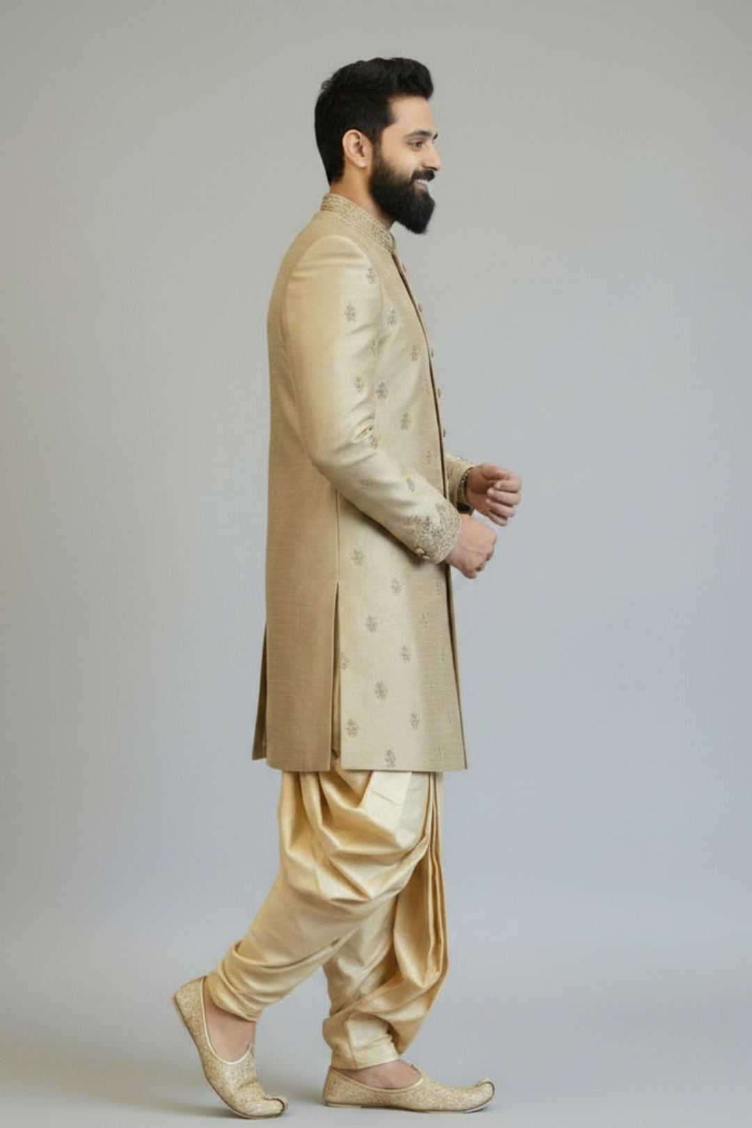 Men’s Beige Embroidered Sherwani Set – Premium Wedding & Festive Indo-Western Outfit