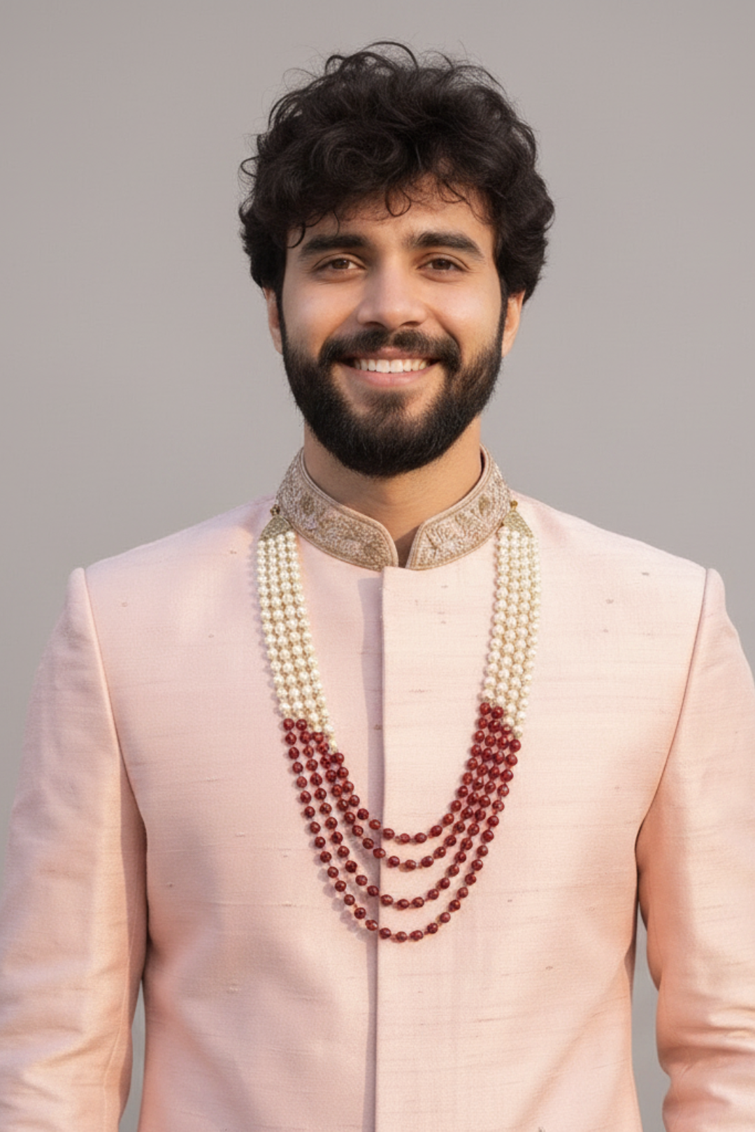 Man wearing a light pink traditional outfit with a necklace against a gray background