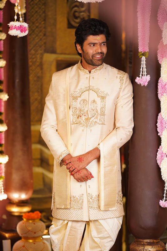 Ivory Men's Wedding Sherwani with Traditional Embroidery