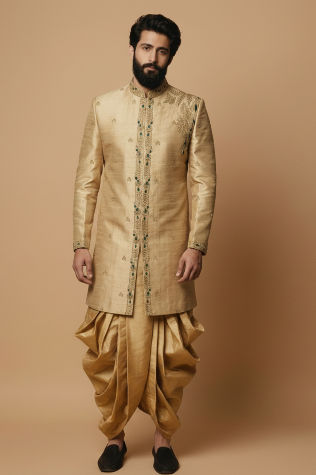 Men’s Beige Embroidered Sherwani with Green Stone Detailing – Luxury Wedding & Festive Wear