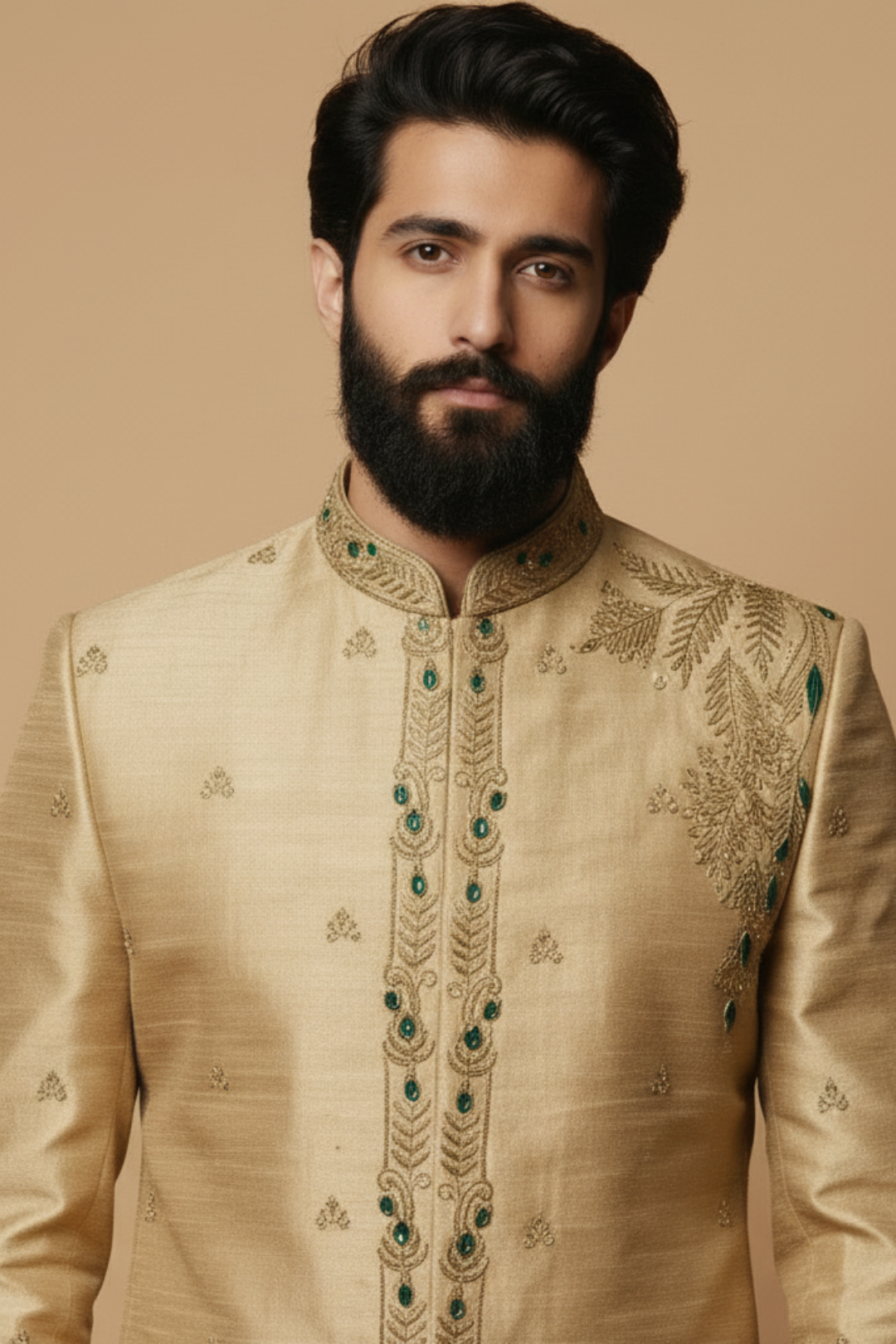 Men’s Beige Embroidered Sherwani with Green Stone Detailing – Luxury Wedding & Festive Wear