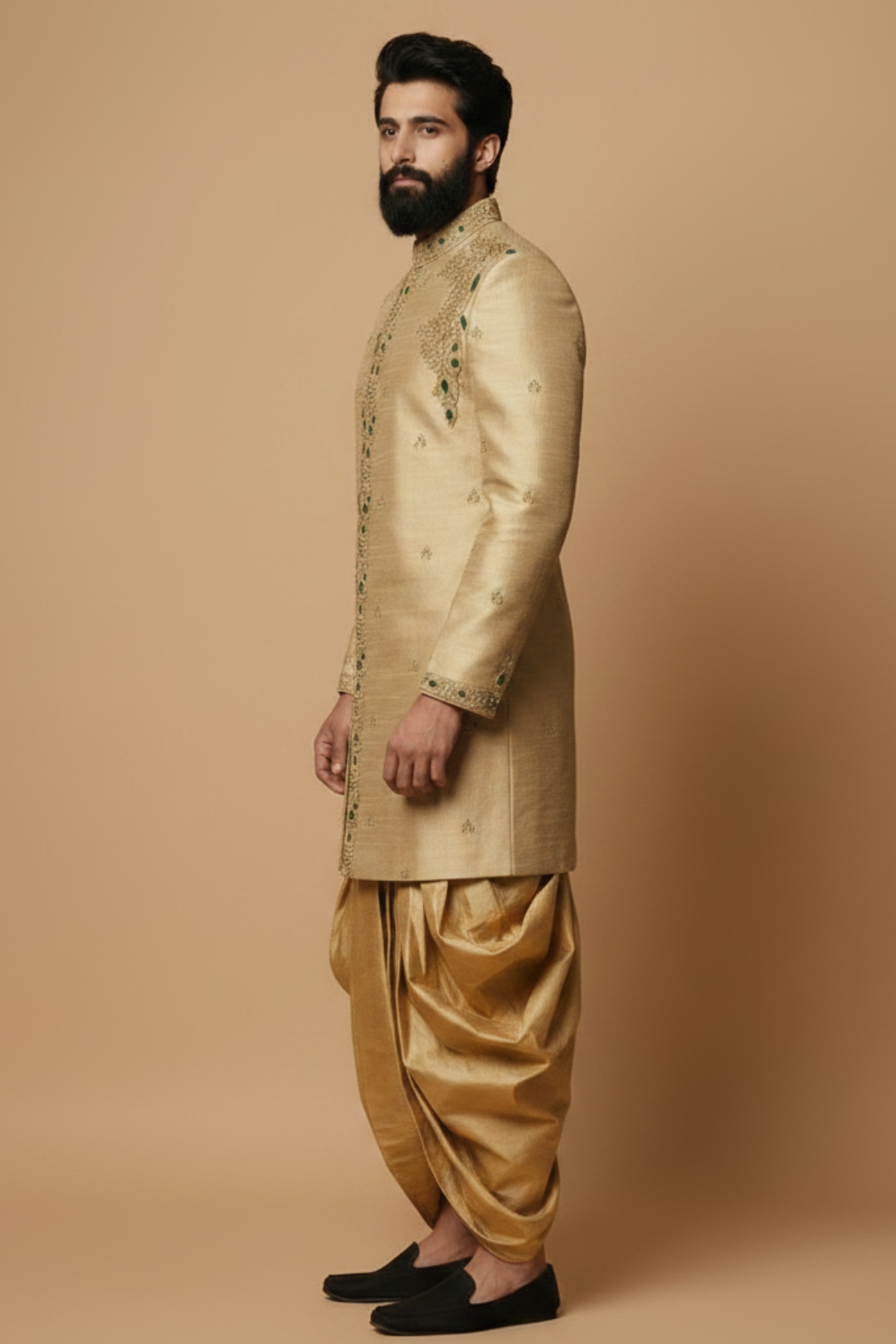 Men’s Beige Embroidered Sherwani with Green Stone Detailing – Luxury Wedding & Festive Wear