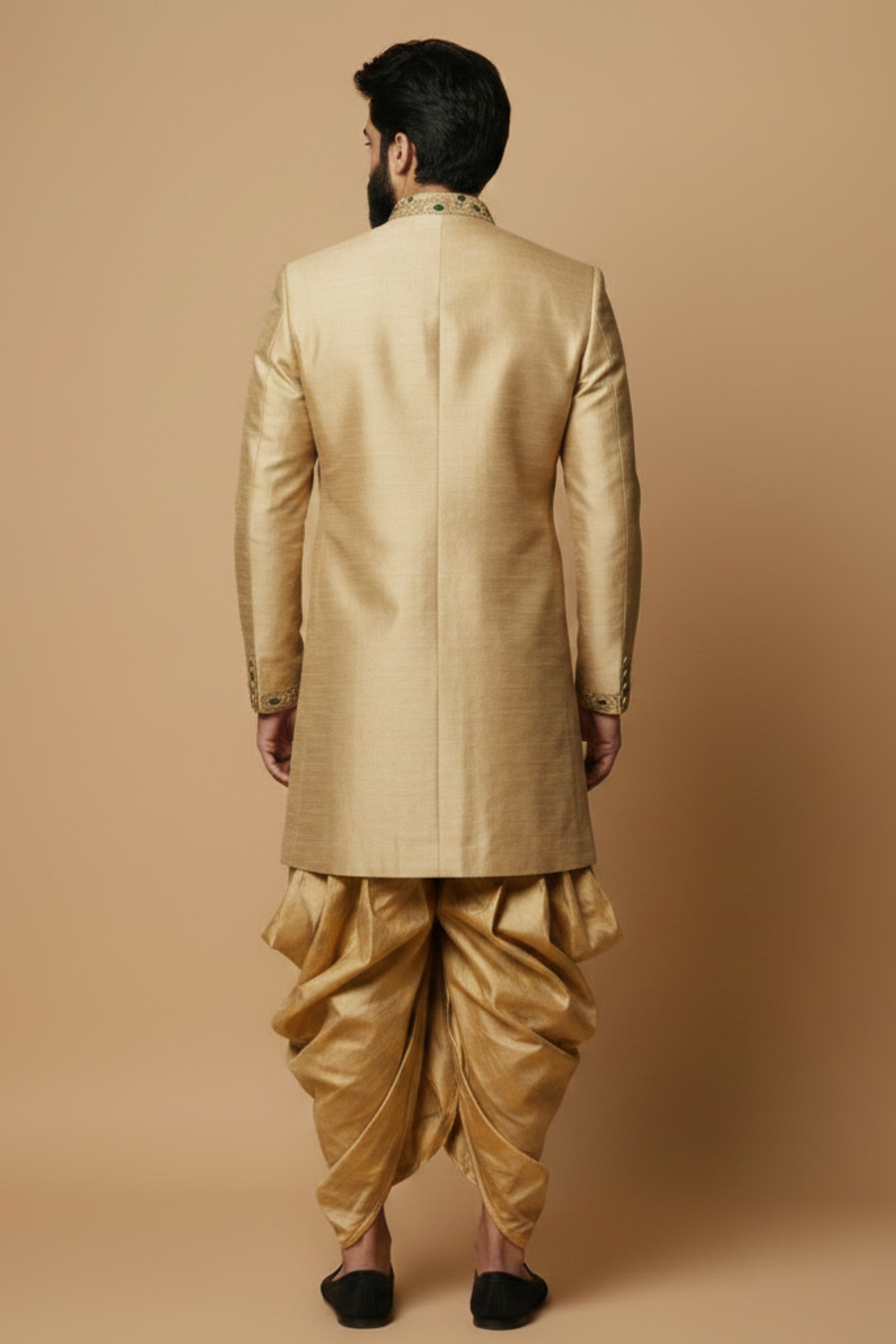 Men’s Beige Embroidered Sherwani with Green Stone Detailing – Luxury Wedding & Festive Wear