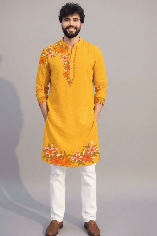 Mustard Yellow Floral Kurta Set for Men – Festive & Haldi Wear