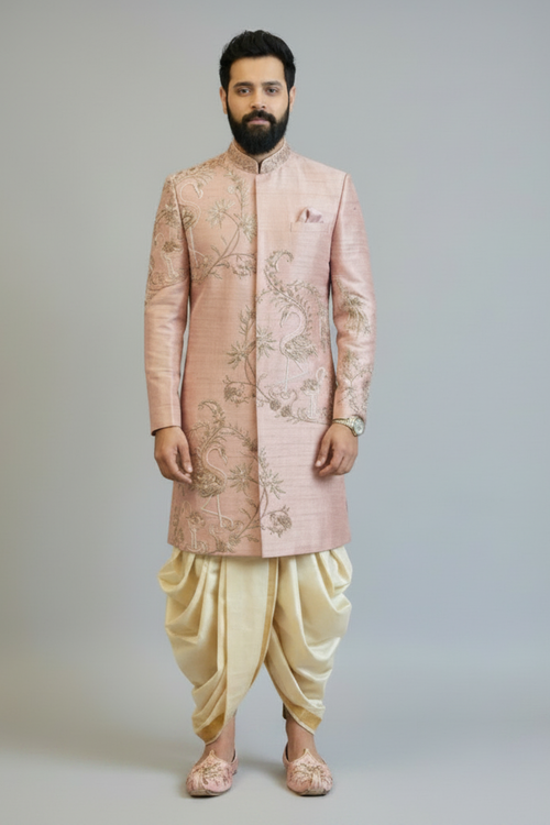 Men’s Blush Pink Embroidered Sherwani Set – Luxury Designer Wedding & Groom Wear