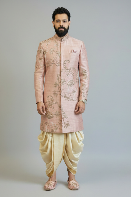 Men’s Blush Pink Embroidered Sherwani Set – Luxury Designer Wedding & Groom Wear