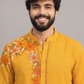 Mustard Yellow Floral Printed Kurta Set for Men – Festive & Haldi Wear