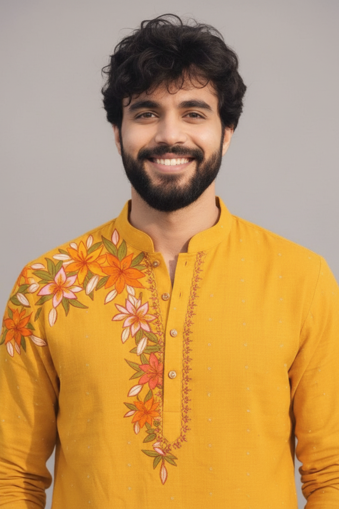 Mustard Yellow Floral Kurta Set for Men – Festive & Haldi Wear
