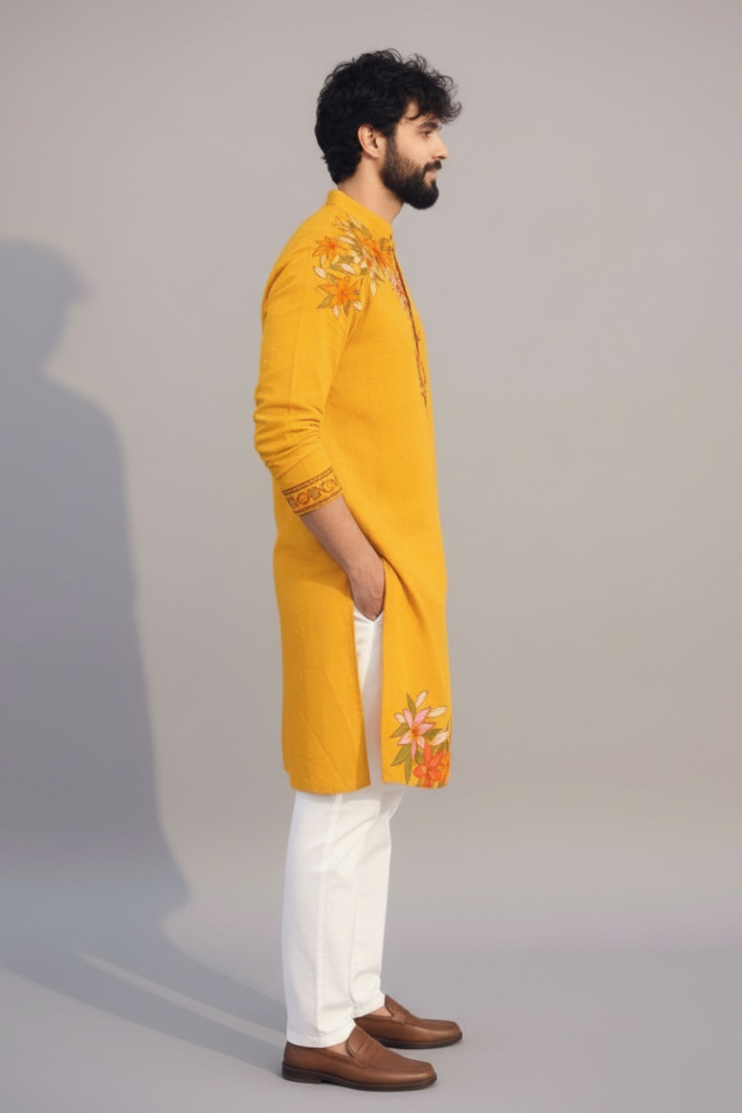 Mustard Yellow Floral Kurta Set for Men – Festive & Haldi Wear