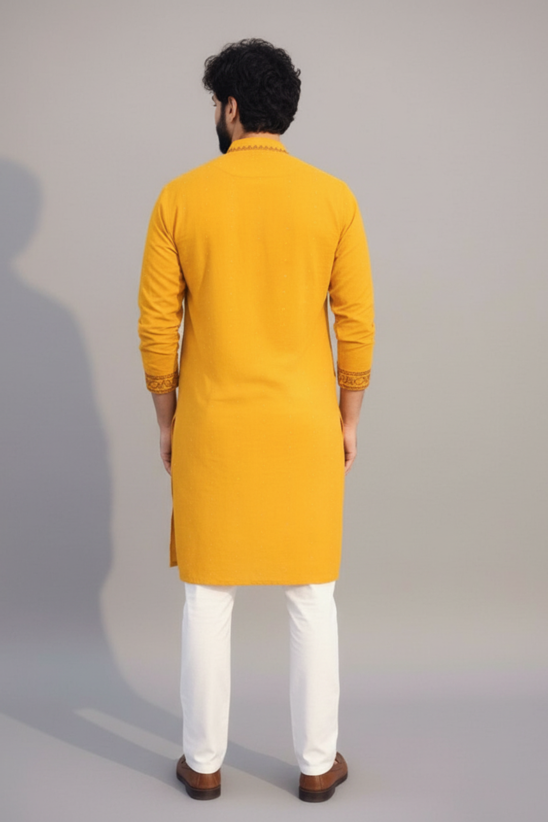 Mustard Yellow Floral Kurta Set for Men – Festive & Haldi Wear