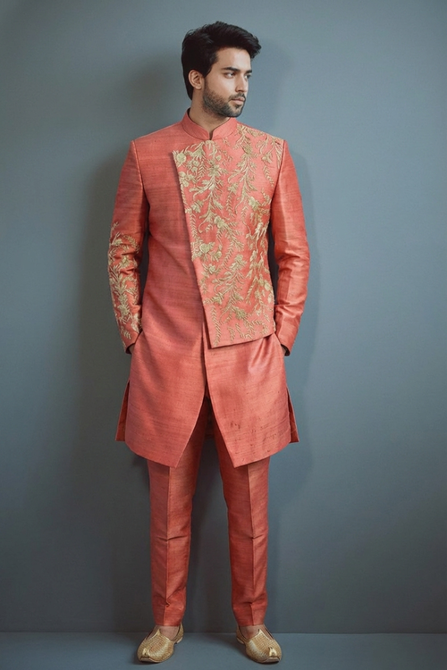 Men’s Coral Pink Embroidered Indo-Western Set – Designer Wedding & Festive Ethnic Wear