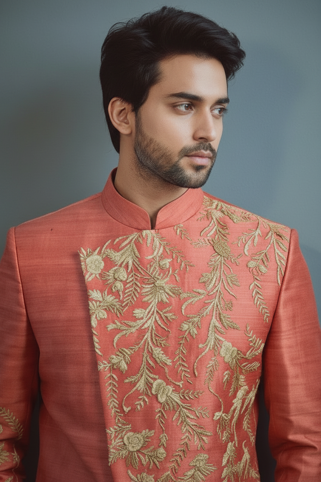 Men’s Coral Pink Embroidered Indo-Western Set – Designer Wedding & Festive Ethnic Wear