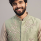 Sage Green Embroidered Nehru Jacket Kurta Set for Men – Festive & Wedding Wear