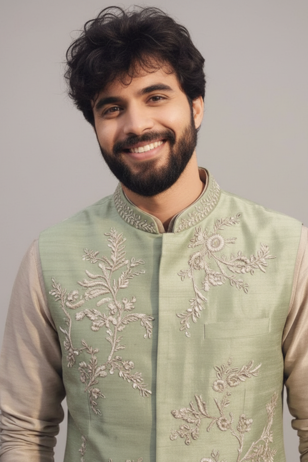 Sage Green Embroidered Nehru Jacket Kurta Set for Men – Festive & Wedding Wear