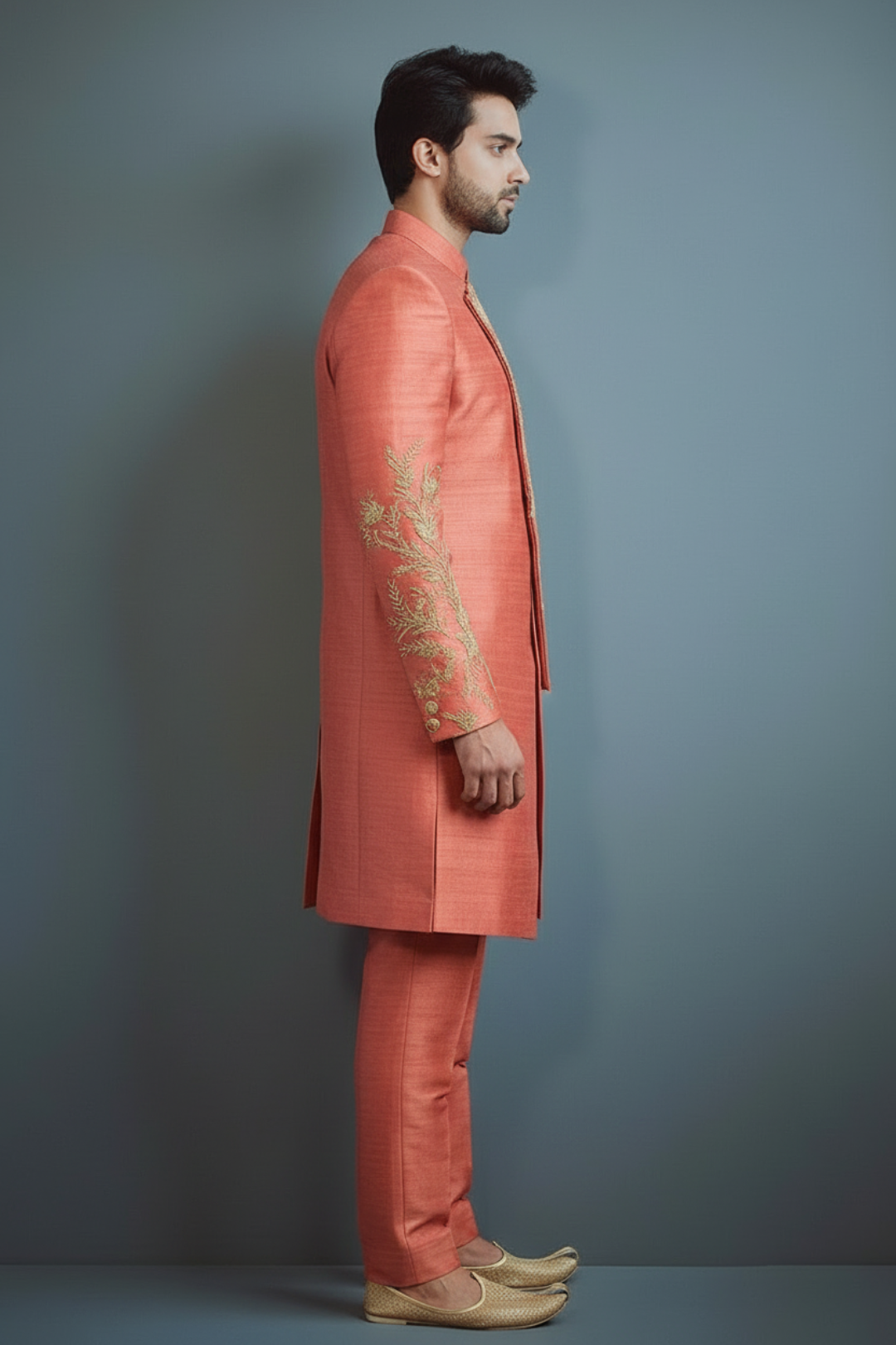 Men’s Coral Pink Embroidered Indo-Western Set – Designer Wedding & Festive Ethnic Wear