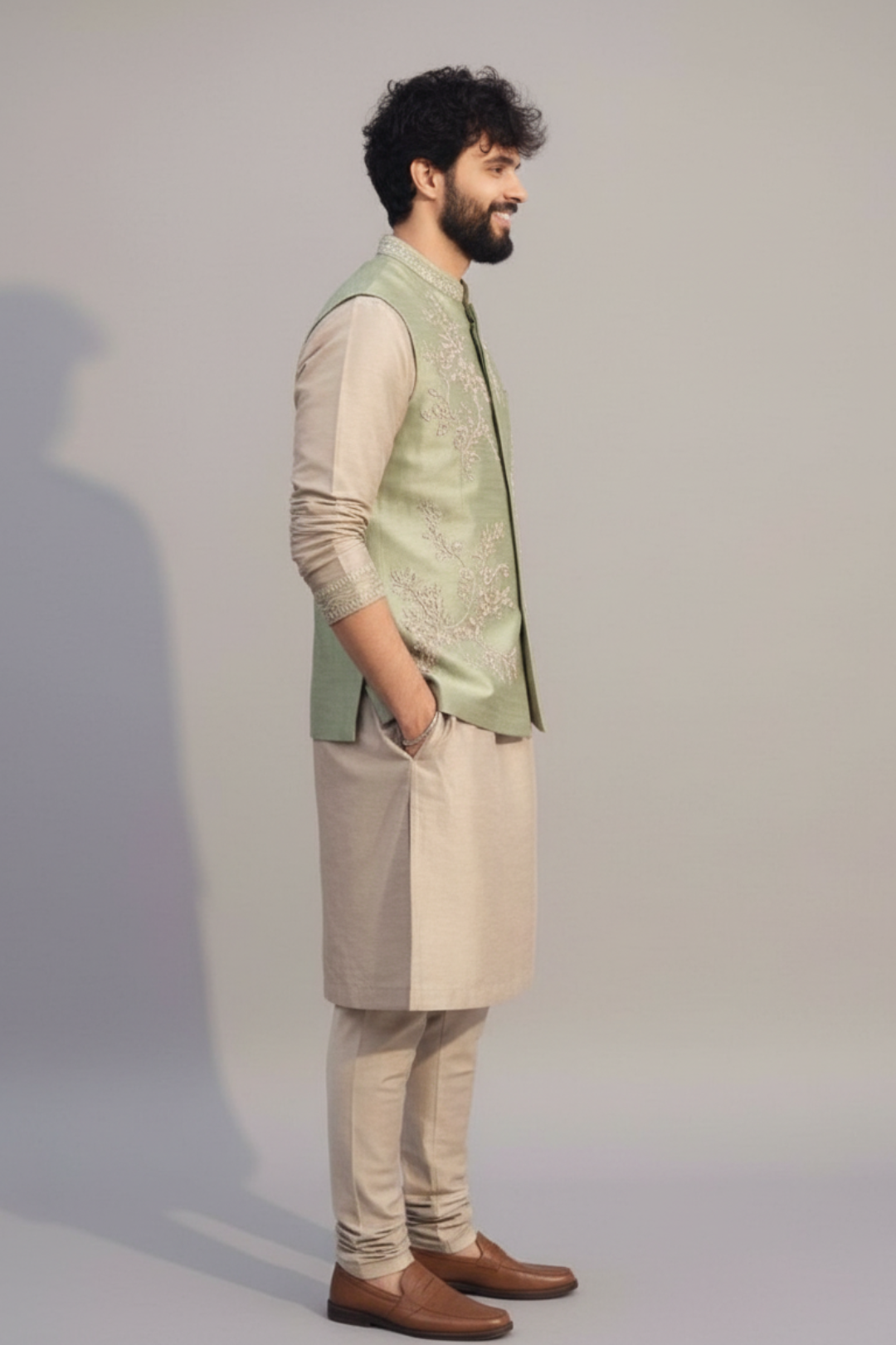 Sage Green Embroidered Nehru Jacket Kurta Set for Men – Festive & Wedding Wear