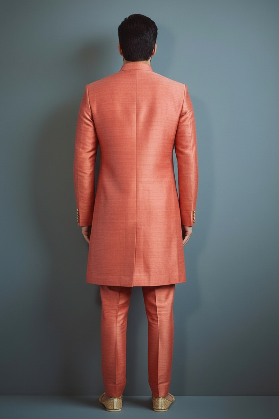 Men’s Coral Pink Embroidered Indo-Western Set – Designer Wedding & Festive Ethnic Wear