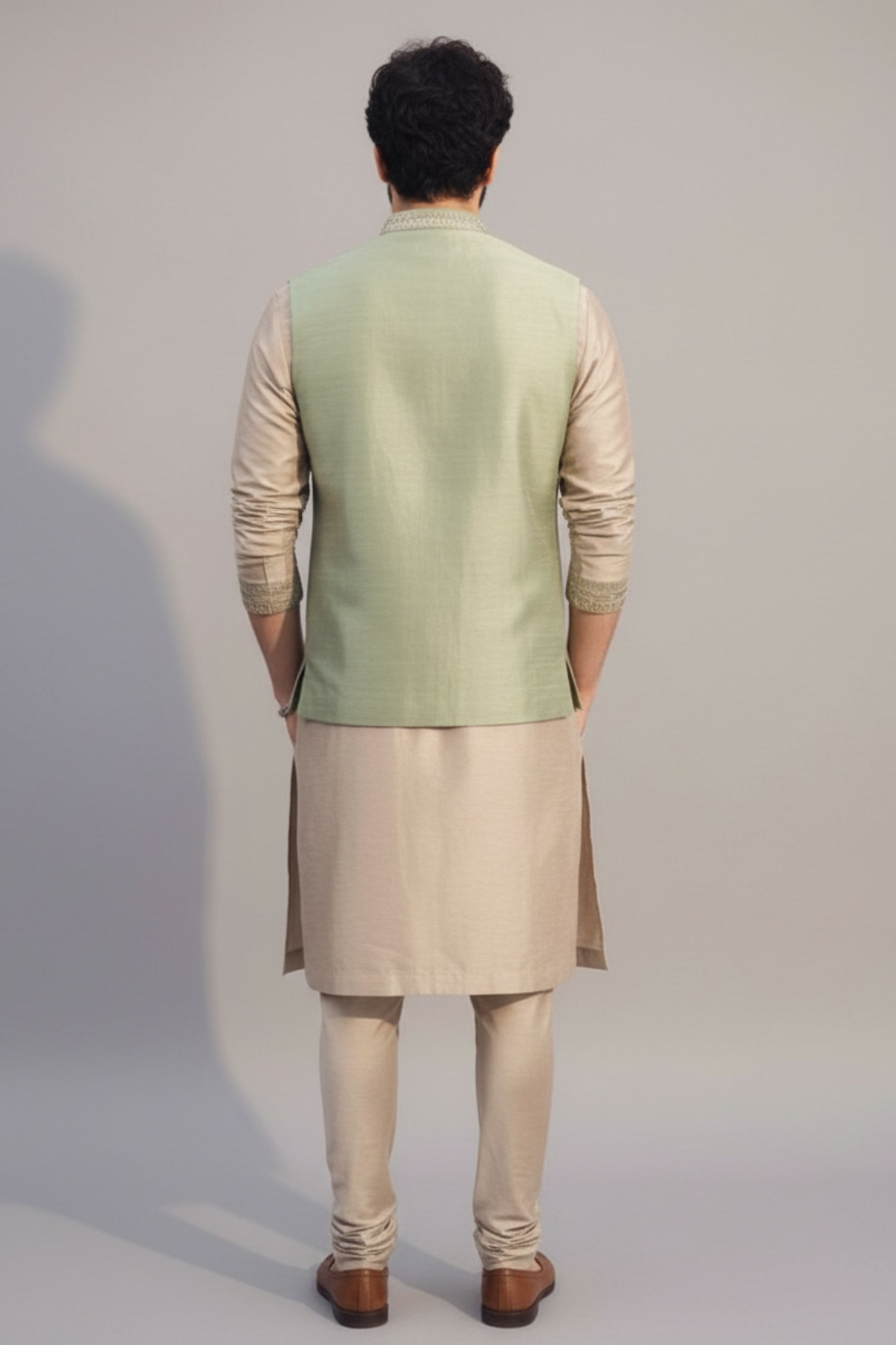 Sage Green Embroidered Nehru Jacket Kurta Set for Men – Festive & Wedding Wear