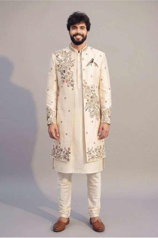 Ivory Floral Embroidered Indowestern Set for Men – Wedding & Festive Wear