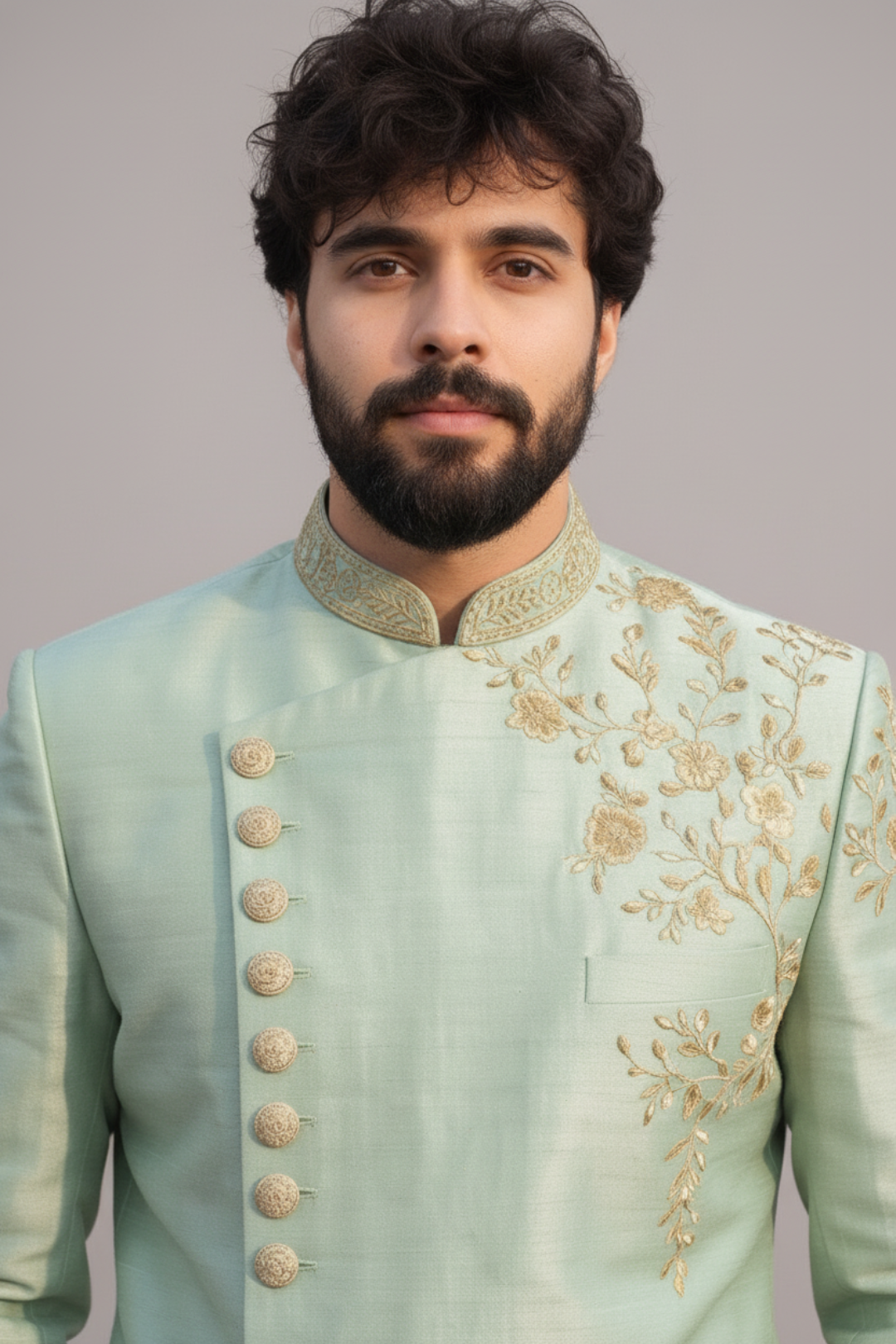 Men’s Mint Green Embroidered Sherwani Set – Elegant Wedding & Festive