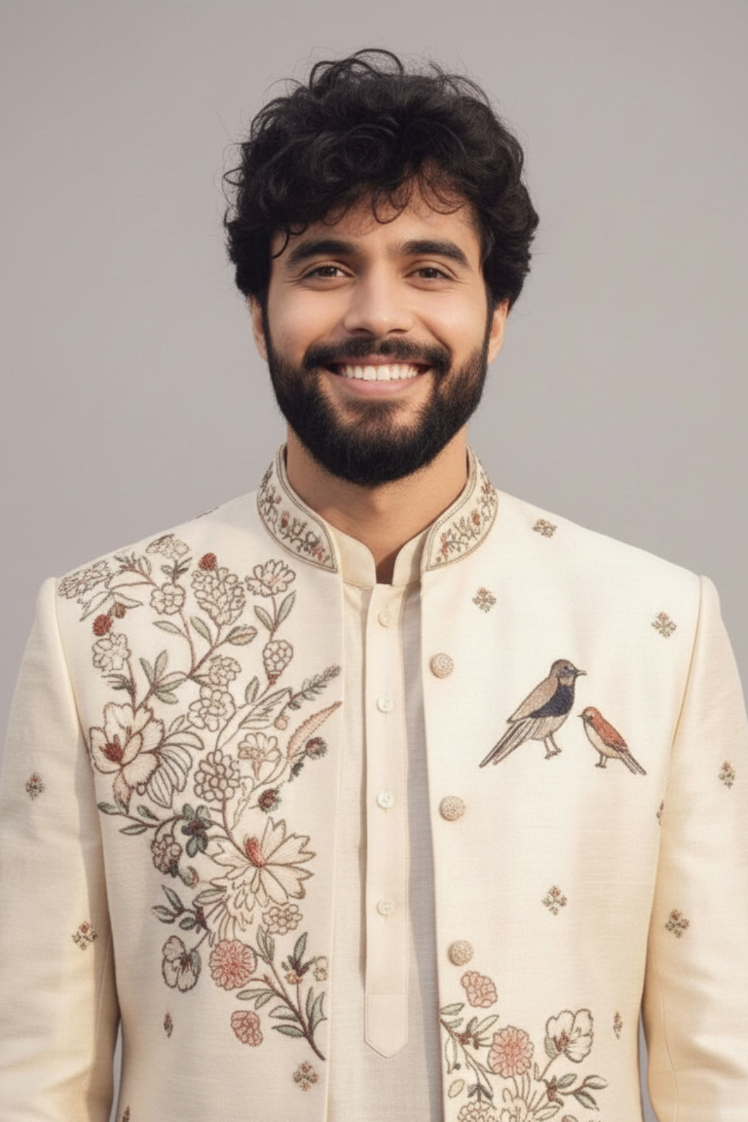 Ivory Floral Embroidered Indowestern Set for Men – Wedding & Festive Wear