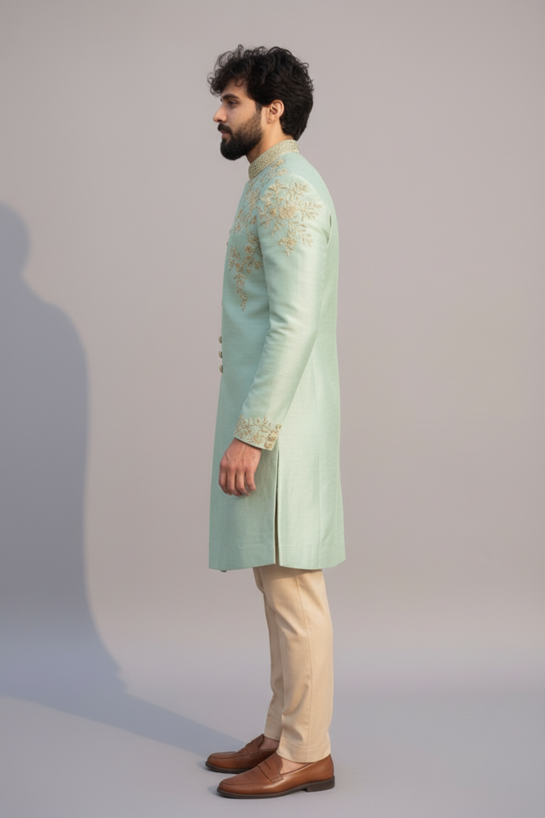 Men’s Mint Green Embroidered Sherwani Set – Elegant Wedding & Festive
