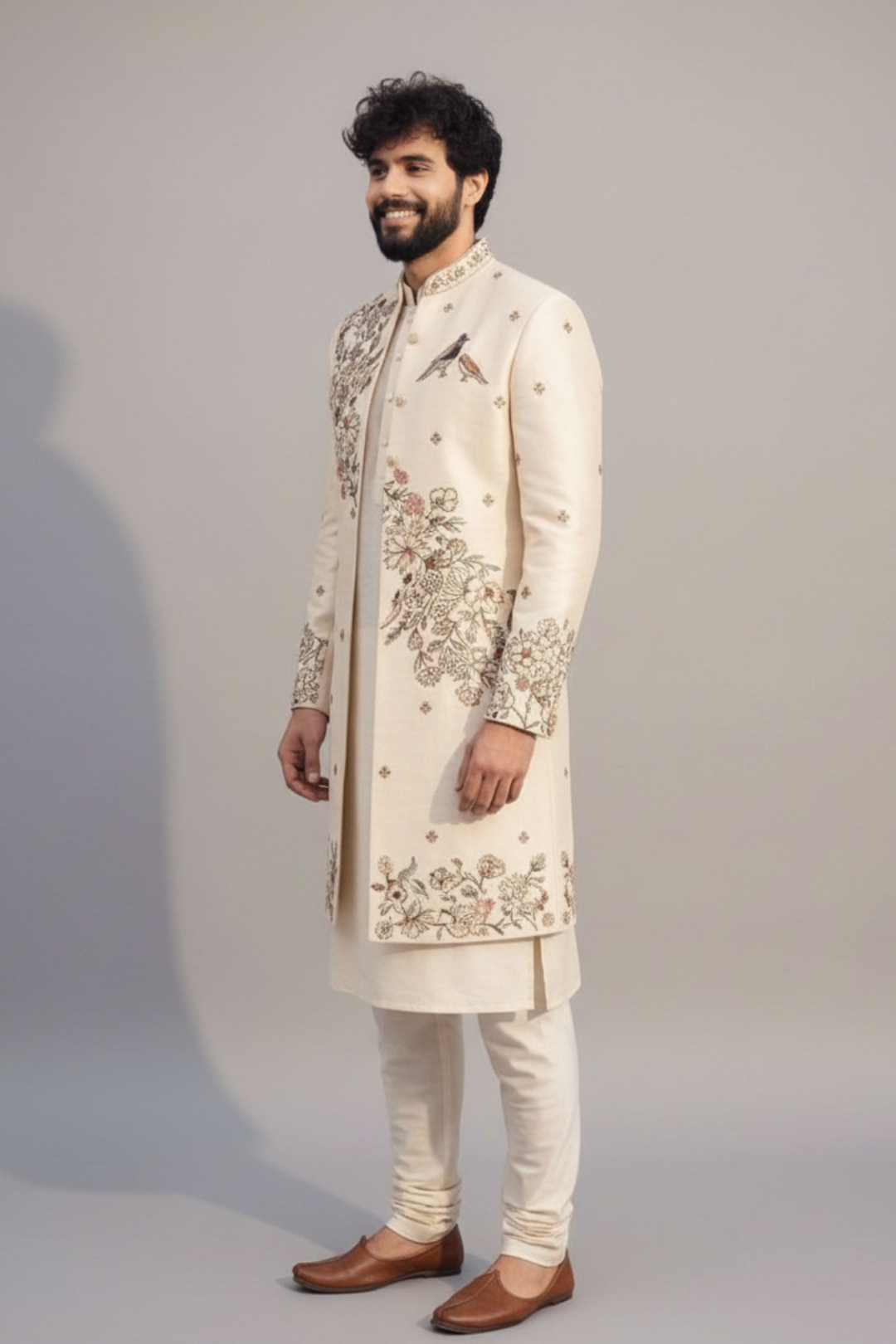 Ivory Floral Embroidered Indowestern Set for Men – Wedding & Festive Wear