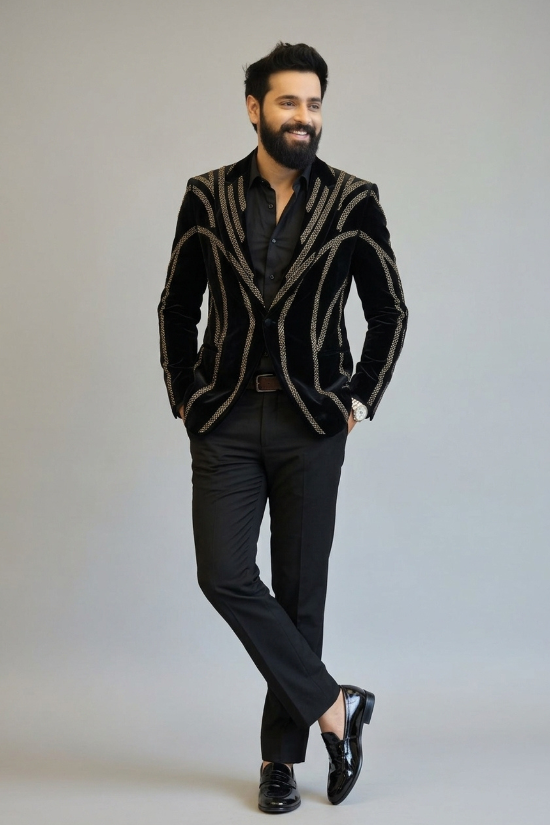 Black Embellished Men’s Party Wear Suit – Luxury Designer Blazer for Reception & Cocktail Events