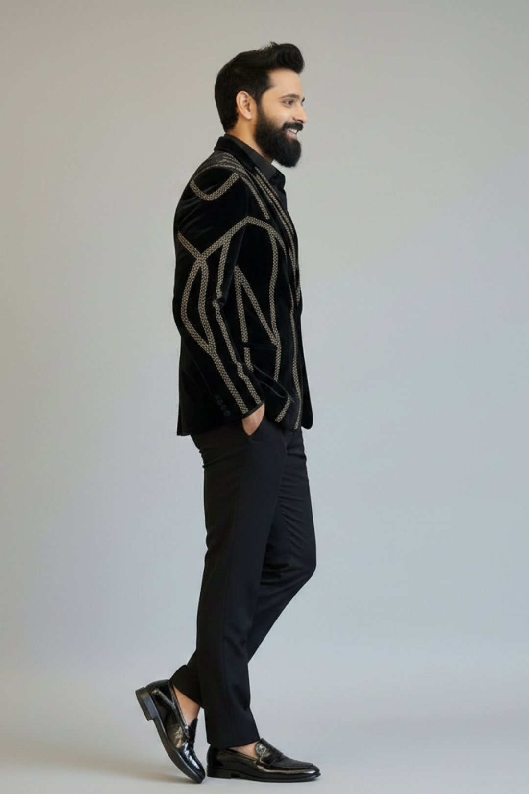 Black Embellished Men’s Party Wear Suit – Luxury Designer Blazer for Reception & Cocktail Events