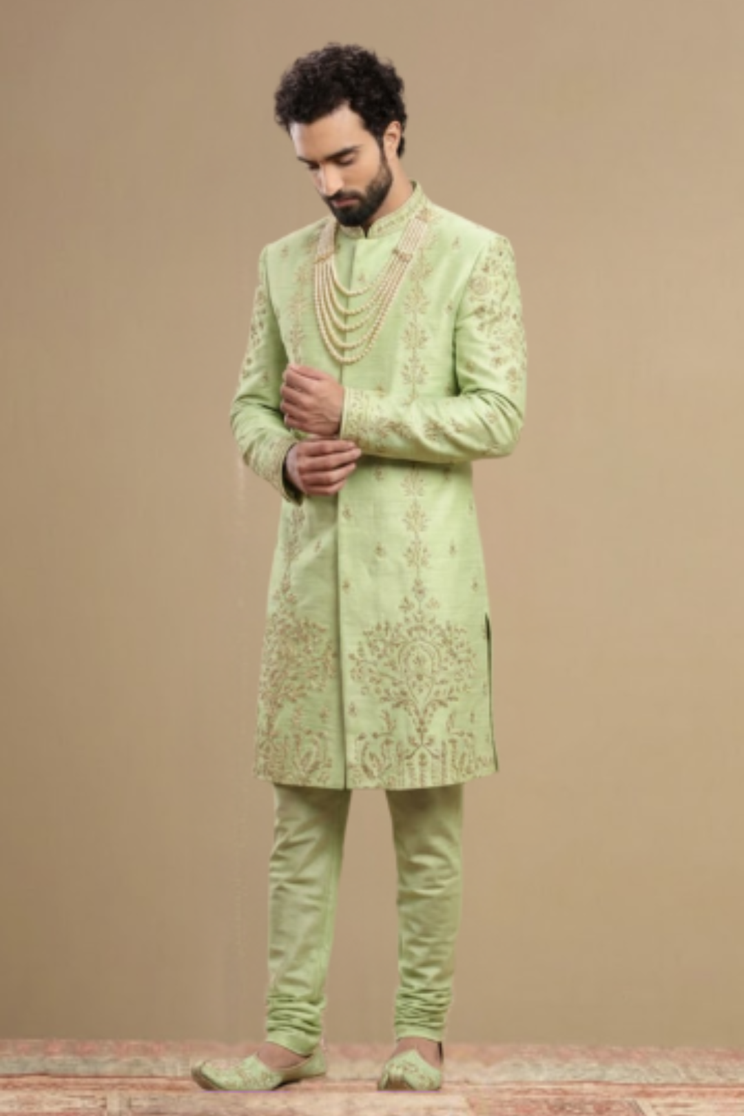 Men’s Mint Green Wedding Sherwani Set with Churidar and Gold Zari