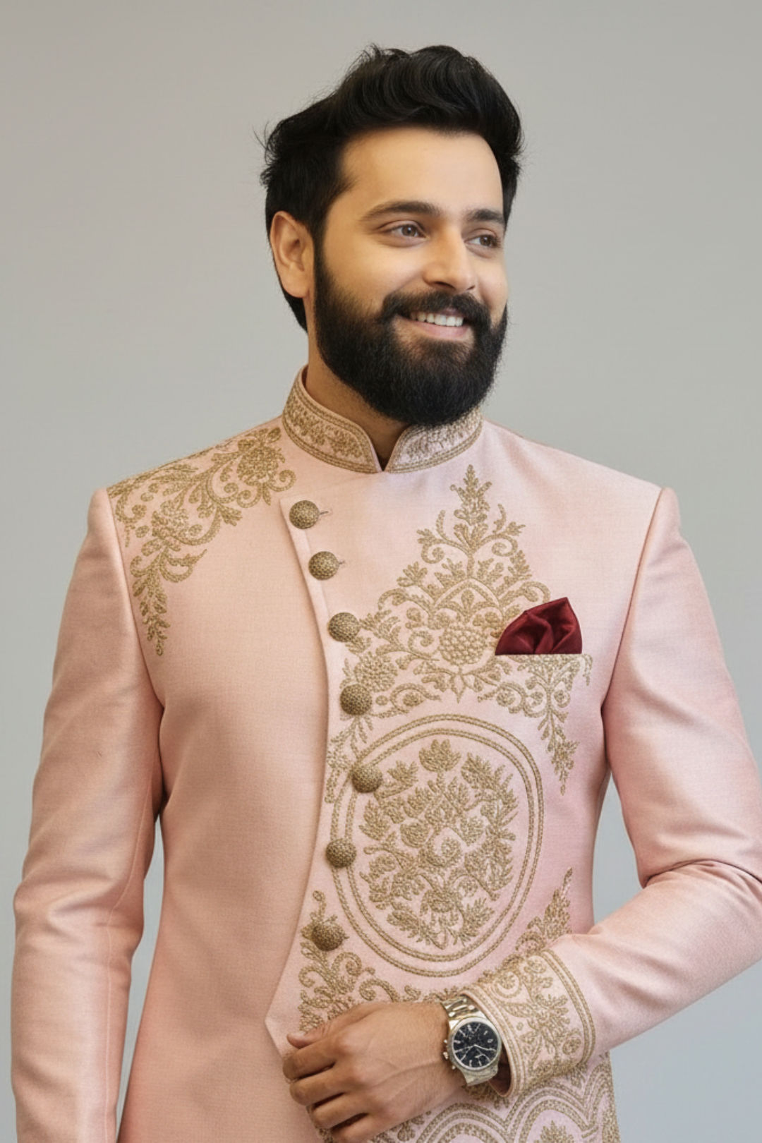 Blush Pink Embroidered Indo Western for Men – Luxury Wedding & Reception Wear