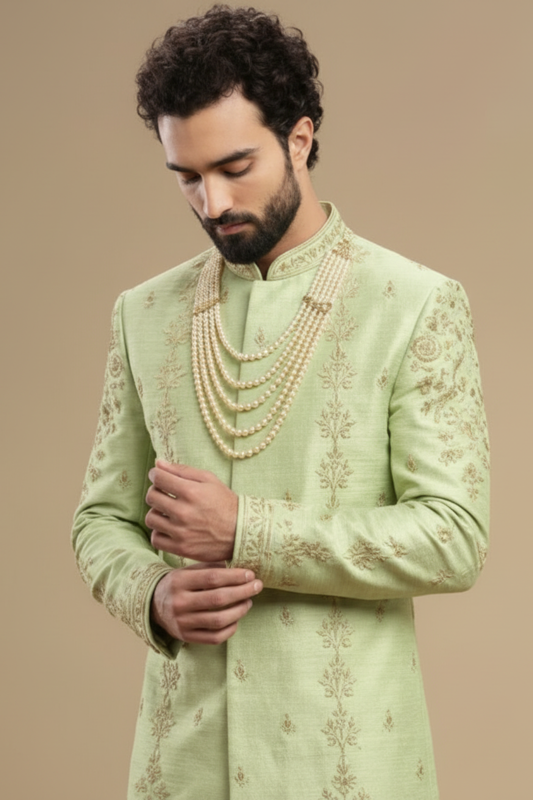 Men’s Mint Green Wedding Sherwani Set with Churidar and Gold Zari
