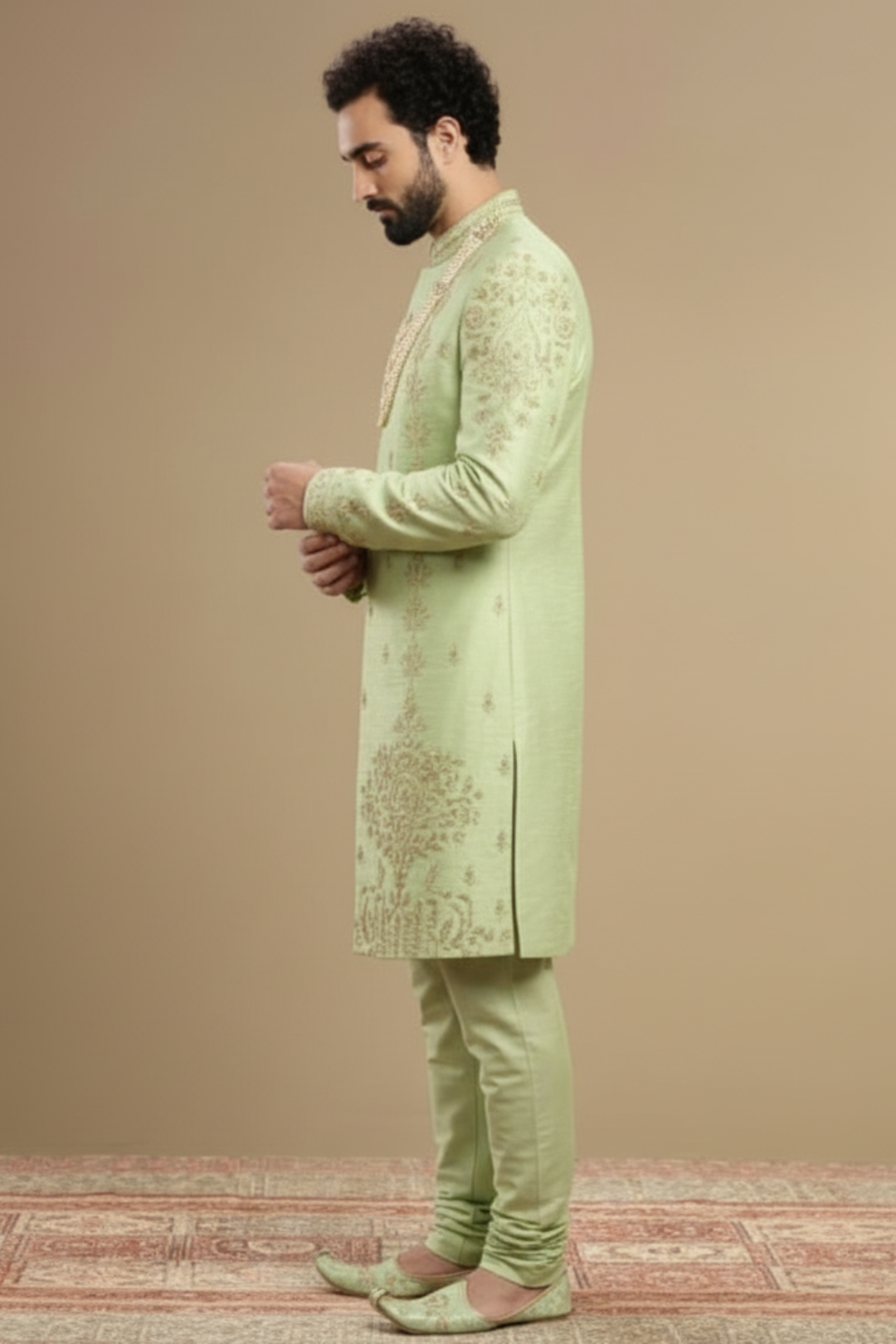 Men’s Mint Green Wedding Sherwani Set with Churidar and Gold Zari